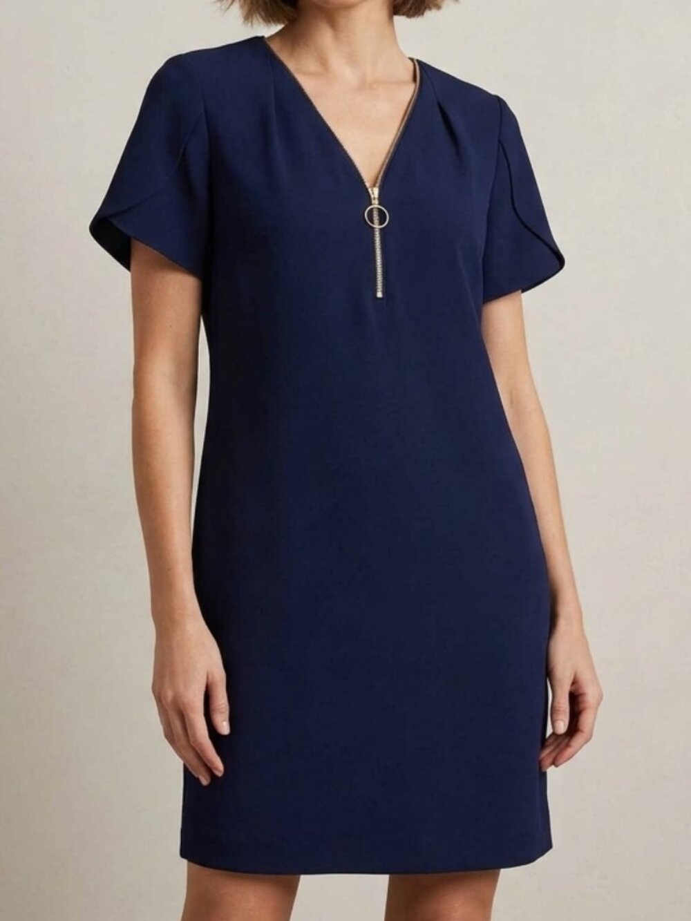 Trina Turk Taliah Navy Blue Zip Front Tulip Sleeve Shift Dress Size 12 / Large